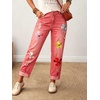 image:imagechouyatou Womens Floral Embroidery Baggy Jeans Barrel Wide Leg Denim PantsWatermelon Red