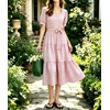 image:imagechouyatou Womens Plaid Cotton Long Dress Gingham Button Down Ruffle DressPink