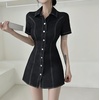 image:imagechouyatou Womens Y2K Short Sleeve A Line Mini Denim Dress Button Front Bodycon Sexy Jean Short Shirt DressBlack