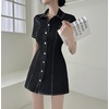 image:imagechouyatou Womens Y2K Short Sleeve A Line Mini Denim Dress Button Front Bodycon Sexy Jean Short Shirt DressBlack