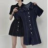image:imagechouyatou Womens Y2K Short Sleeve A Line Mini Denim Dress Button Front Bodycon Sexy Jean Short Shirt DressBlack