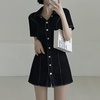image:imagechouyatou Womens Y2K Short Sleeve A Line Mini Denim Dress Button Front Bodycon Sexy Jean Short Shirt DressBlack