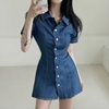 image:imagechouyatou Womens Y2K Short Sleeve A Line Mini Denim Dress Button Front Bodycon Sexy Jean Short Shirt DressBlue