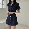 image:imagechouyatou Womens Y2K Short Sleeve A Line Mini Denim Dress Button Front Bodycon Sexy Jean Short Shirt DressDark Blue