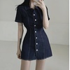 image:imagechouyatou Womens Y2K Short Sleeve A Line Mini Denim Dress Button Front Bodycon Sexy Jean Short Shirt DressDark Blue