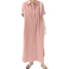 image:imagechouyatou Women Casual Cotton Short Sleeve V Neck Long Dress A Line Linen Maxi Shirt Dress with Side PoketsPink