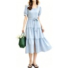 image:imagechouyatou Womens Plaid Cotton Long Dress Gingham Button Down Ruffle DressLight Blue