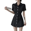 image:imagechouyatou Womens Y2K Short Sleeve A Line Mini Denim Dress Button Front Bodycon Sexy Jean Short Shirt DressBlack