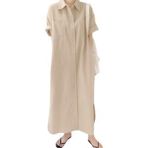 image:imagechouyatou Women Casual Cotton Short Sleeve V Neck Long Dress A Line Linen Maxi Shirt Dress with Side PoketsBeige