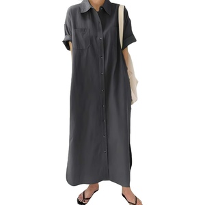 image:imagechouyatou Women Casual Cotton Short Sleeve V Neck Long Dress A Line Linen Maxi Shirt Dress with Side PoketsBlack Grey