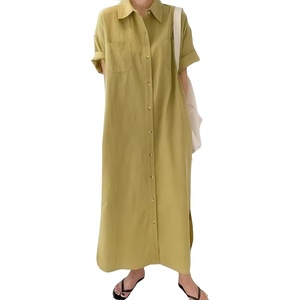 image:imagechouyatou Women Casual Cotton Short Sleeve V Neck Long Dress A Line Linen Maxi Shirt Dress with Side PoketsYellow