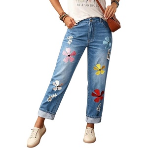 image:imagechouyatou Womens Floral Embroidery Baggy Jeans Barrel Wide Leg Denim PantsBlue