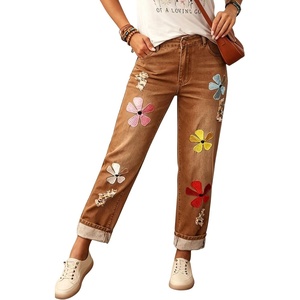 image:imagechouyatou Womens Floral Embroidery Baggy Jeans Barrel Wide Leg Denim PantsBrown