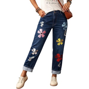 image:imagechouyatou Womens Floral Embroidery Baggy Jeans Barrel Wide Leg Denim PantsDark Blue