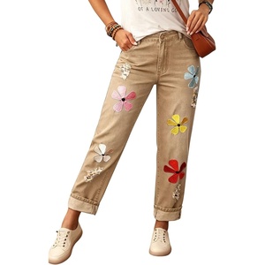image:imagechouyatou Womens Floral Embroidery Baggy Jeans Barrel Wide Leg Denim PantsKhaki
