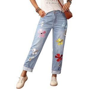 image:imagechouyatou Womens Floral Embroidery Baggy Jeans Barrel Wide Leg Denim PantsLight Blue