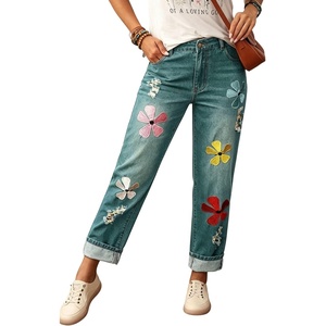 image:imagechouyatou Womens Floral Embroidery Baggy Jeans Barrel Wide Leg Denim PantsRetro Blue