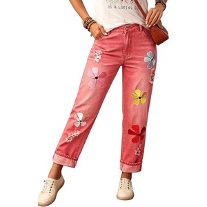 image:imagechouyatou Womens Floral Embroidery Baggy Jeans Barrel Wide Leg Denim PantsWatermelon Red