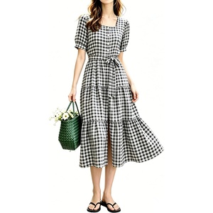 image:imagechouyatou Womens Plaid Cotton Long Dress Gingham Button Down Ruffle DressBlack