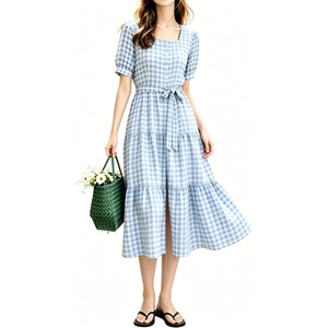 image:imagechouyatou Womens Plaid Cotton Long Dress Gingham Button Down Ruffle DressLight Blue