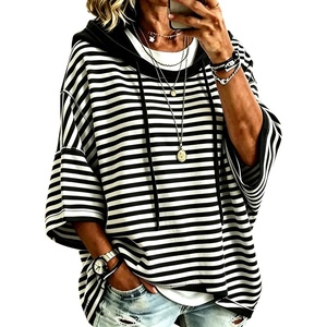 image:imagechouyatou Womens Striped Pullover Hoodies 34 Sleeve Loose Sweatshirt TopBlack