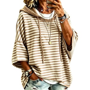 image:imagechouyatou Womens Striped Pullover Hoodies 34 Sleeve Loose Sweatshirt TopBrown