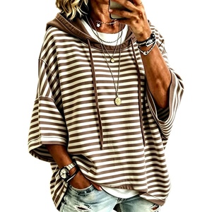 image:imagechouyatou Womens Striped Pullover Hoodies 34 Sleeve Loose Sweatshirt TopCoffee