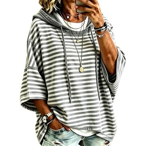 image:imagechouyatou Womens Striped Pullover Hoodies 34 Sleeve Loose Sweatshirt TopGray