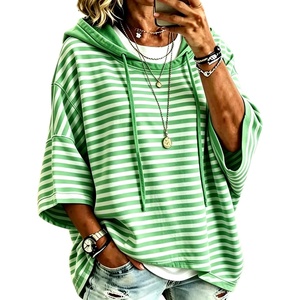 image:imagechouyatou Womens Striped Pullover Hoodies 34 Sleeve Loose Sweatshirt TopGreen