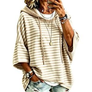 image:imagechouyatou Womens Striped Pullover Hoodies 34 Sleeve Loose Sweatshirt TopKhaki