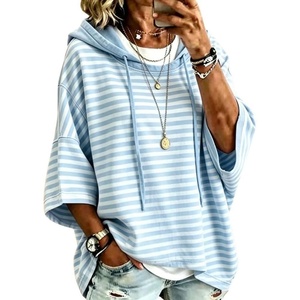 image:imagechouyatou Womens Striped Pullover Hoodies 34 Sleeve Loose Sweatshirt TopLight Blue
