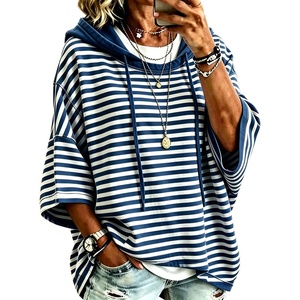 image:imagechouyatou Womens Striped Pullover Hoodies 34 Sleeve Loose Sweatshirt TopNavy