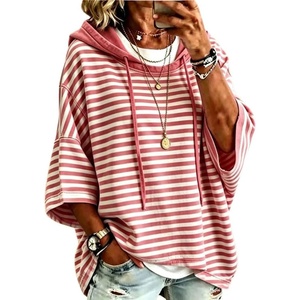 image:imagechouyatou Womens Striped Pullover Hoodies 34 Sleeve Loose Sweatshirt TopRed