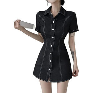 image:imagechouyatou Womens Y2K Short Sleeve A Line Mini Denim Dress Button Front Bodycon Sexy Jean Short Shirt DressBlack
