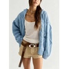 image:imagechouyatou Womens Cable Knit Loose Cardigan Sweater Zip Up Hoodie JacketLight Blue