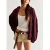 image:imagechouyatou Womens Cable Knit Loose Cardigan Sweater Zip Up Hoodie JacketWine Red