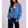 image:imagechouyatou Womens Furry Button Down Cardigan Striped VNeck Loose Fluffy Knit Button Down Sweater CoatDark Blue