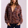 image:imagechouyatou Womens Furry Button Down Cardigan Striped VNeck Loose Fluffy Knit Button Down Sweater CoatRed Brown