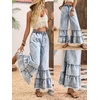 image:imagechouyatou Womens Ruffle Bell Bottom Jeans Flared Y2k Frayed Wide Leg PantsBlue White