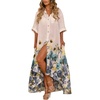 image:imagechouyatou Womens Boho Floral Print Button Down Maxi Shirt Dress Irregular High Low Hem Long Dress with PocketsGreen