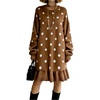 image:imagechouyatou Womens Fall Polka Dot Sweater Knit Dress Ruffle Hem Midi DressBrown