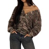 image:imagechouyatou Womens Furry Button Down Cardigan Striped VNeck Loose Fluffy Knit Button Down Sweater CoatCoffee