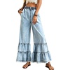image:imagechouyatou Womens Ruffle Bell Bottom Jeans Flared Y2k Frayed Wide Leg PantsLight Blue