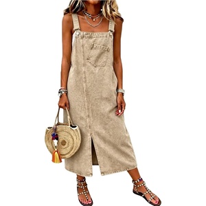 image:imagechouyatou Womens Adjustable Straps Denim Overall Jean Jumper DressKhaki
