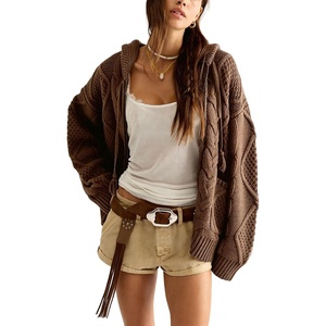 image:imagechouyatou Womens Cable Knit Loose Cardigan Sweater Zip Up Hoodie JacketCoffee