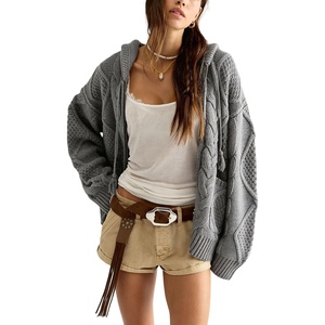 image:imagechouyatou Womens Cable Knit Loose Cardigan Sweater Zip Up Hoodie JacketGray