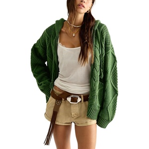 image:imagechouyatou Womens Cable Knit Loose Cardigan Sweater Zip Up Hoodie JacketGreen