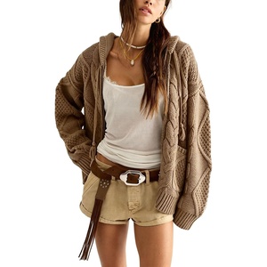 image:imagechouyatou Womens Cable Knit Loose Cardigan Sweater Zip Up Hoodie JacketKhaki