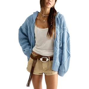 image:imagechouyatou Womens Cable Knit Loose Cardigan Sweater Zip Up Hoodie JacketLight Blue