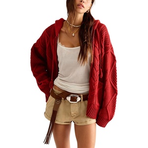 image:imagechouyatou Womens Cable Knit Loose Cardigan Sweater Zip Up Hoodie JacketRed